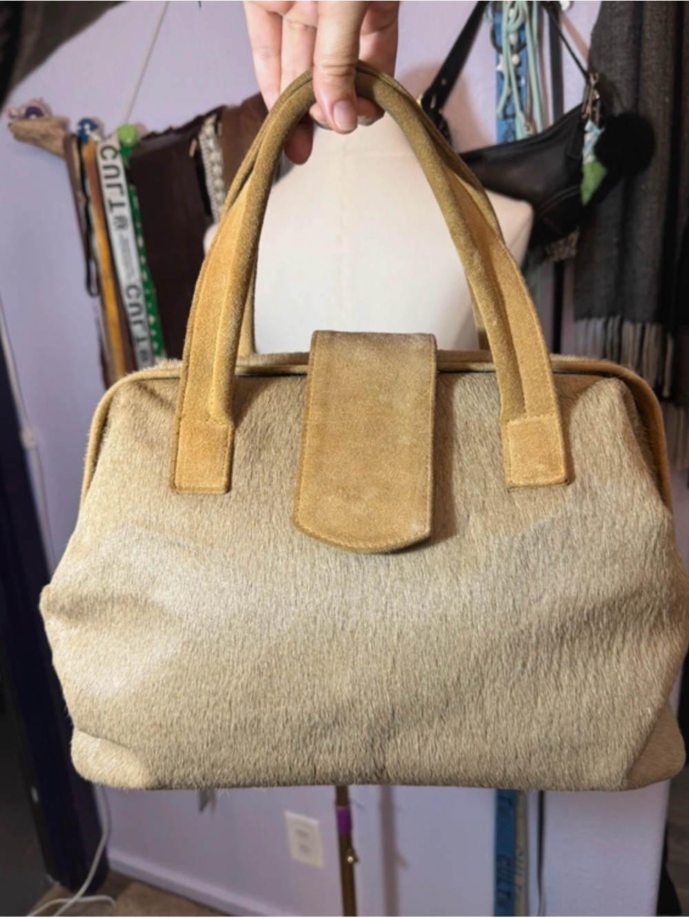 Vintage one of a kind camel colored calf hair & suede doctor bag / tote
